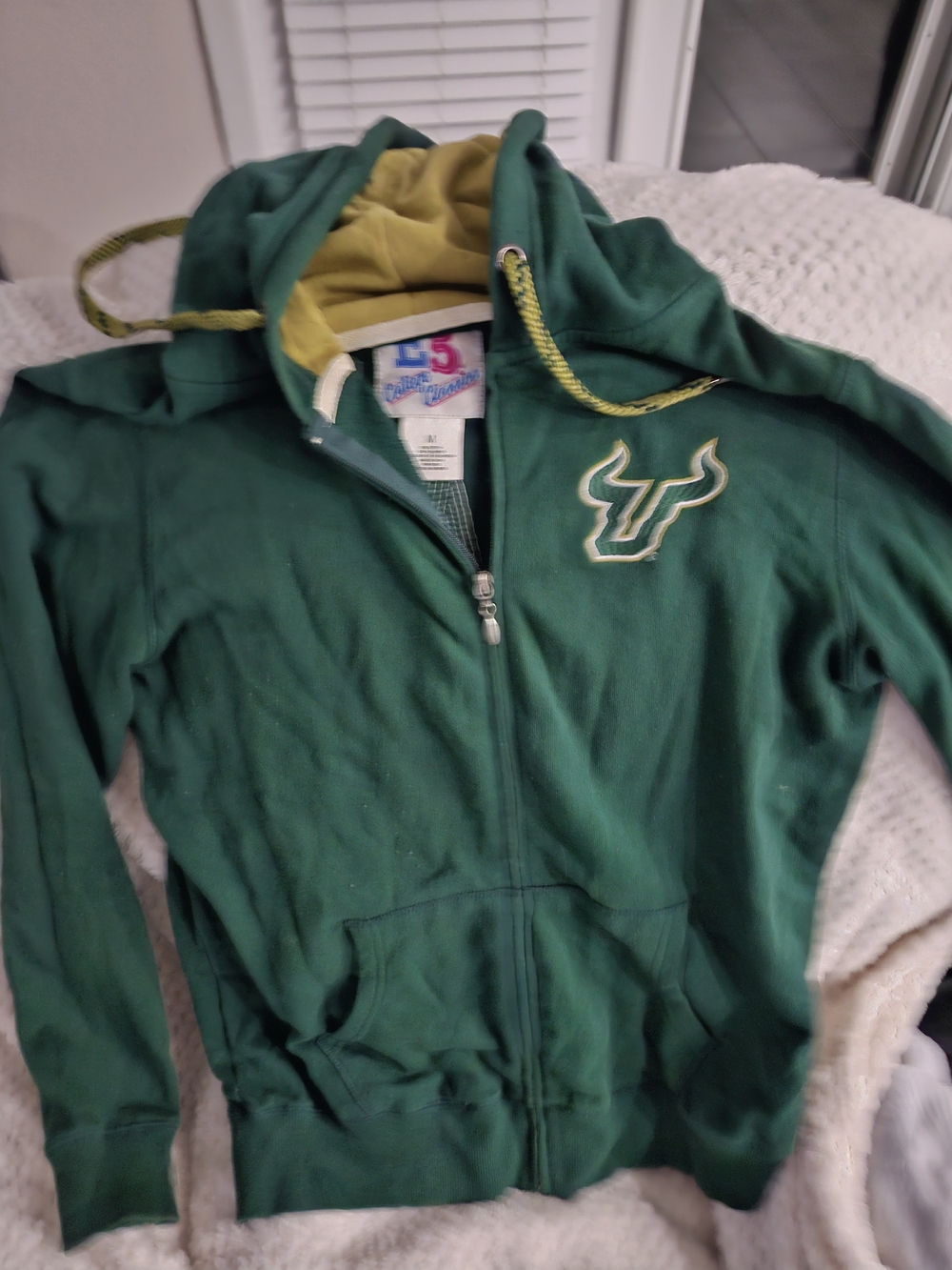 Green Zip-Up Hoodie with Gold Hood Lining